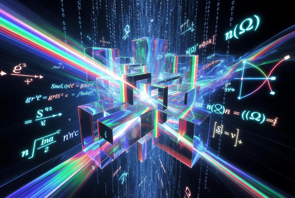 Сложная геометрическая структура RGB-каналов и светящихся лучей на фоне двоичного кода и математических формул