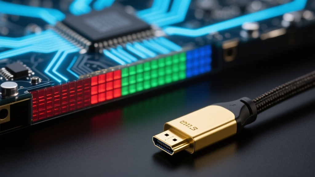 Золоченый разъем HDMI 2.1 и детальный срез жидкокристаллической матрицы с субпикселями на фоне печатной платы