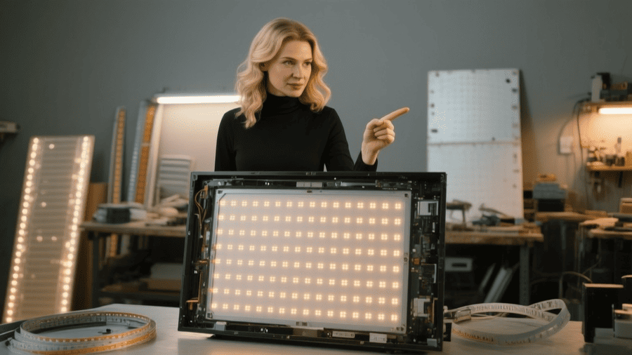 Разобранный корпус телевизора с плотной сеткой светящихся Mini-LED-диодов
